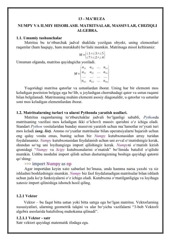 NUMPY VA ILMIY HISOBLASH. MATRITSALAR, MASSIVLAR, CHIZIQLI ALGEBRA