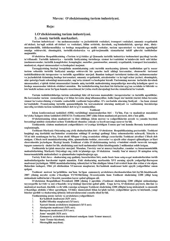 O‘zbekistonning turizm industriyasi