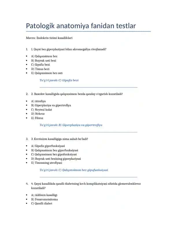 Patologik anatomiya fanidan testlar