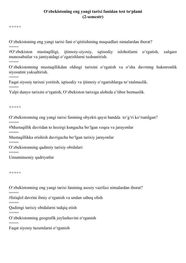 O‘zbekistoning eng yangi tarixi fanidan test to‘plami (2-semestr)