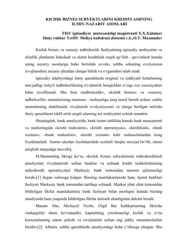 Kichik biznes subyektlarini kreditlashning ilmiy-nazariy asoslari