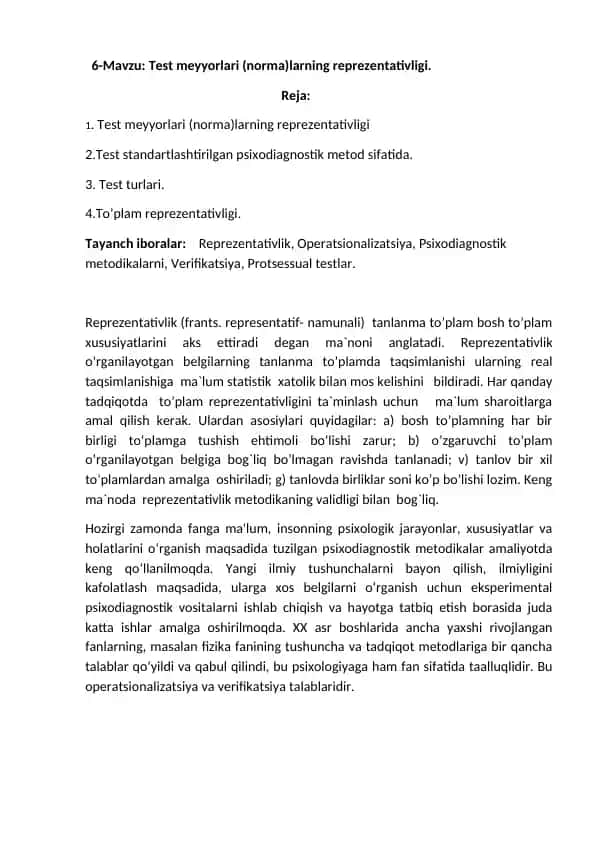 Test meyyorlari (norma)larning reprezentativligi