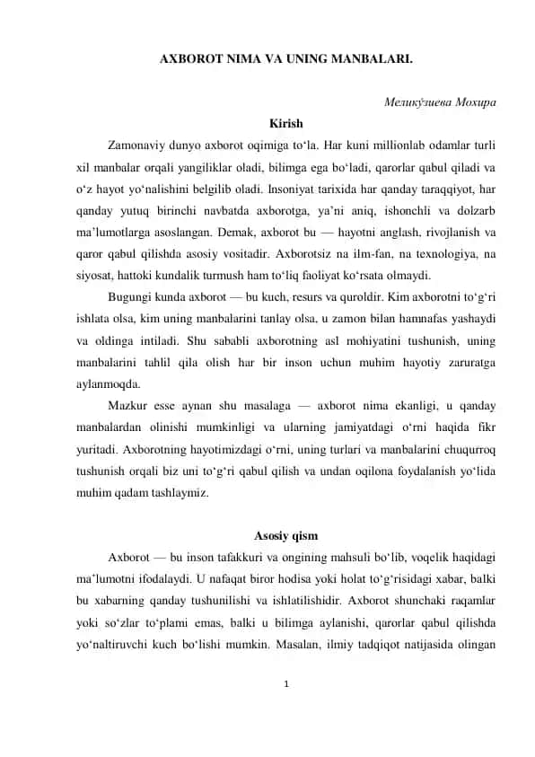 AXBOROT NIMA VA UNING MANBALARI