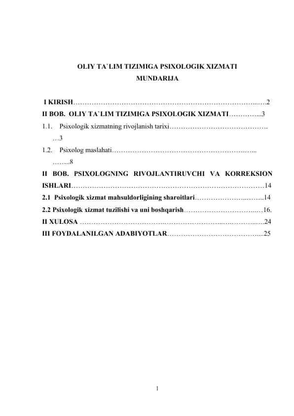 Oliy Ta'lim Tizimiga Psixologik Xizmati