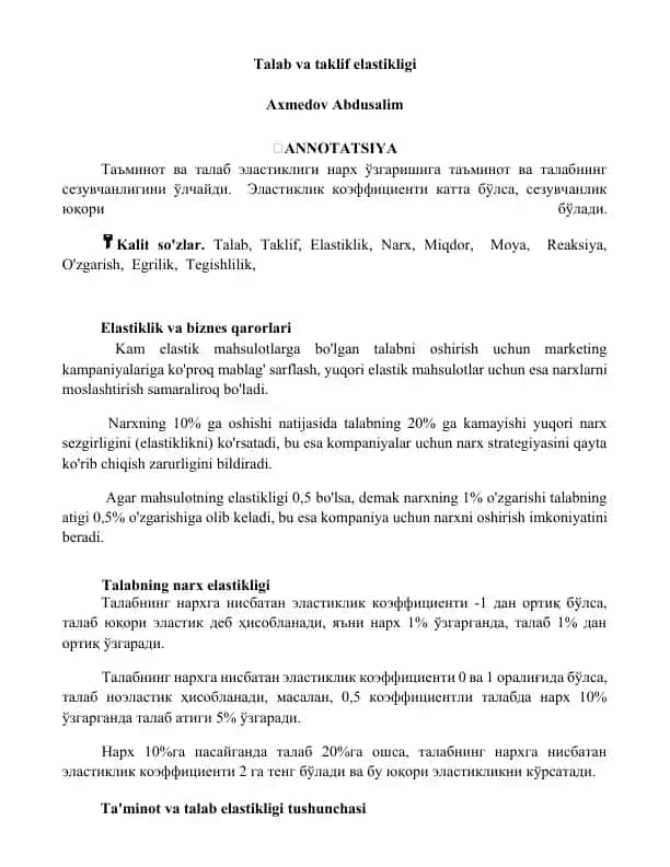 Talab va taklif elastikligi
