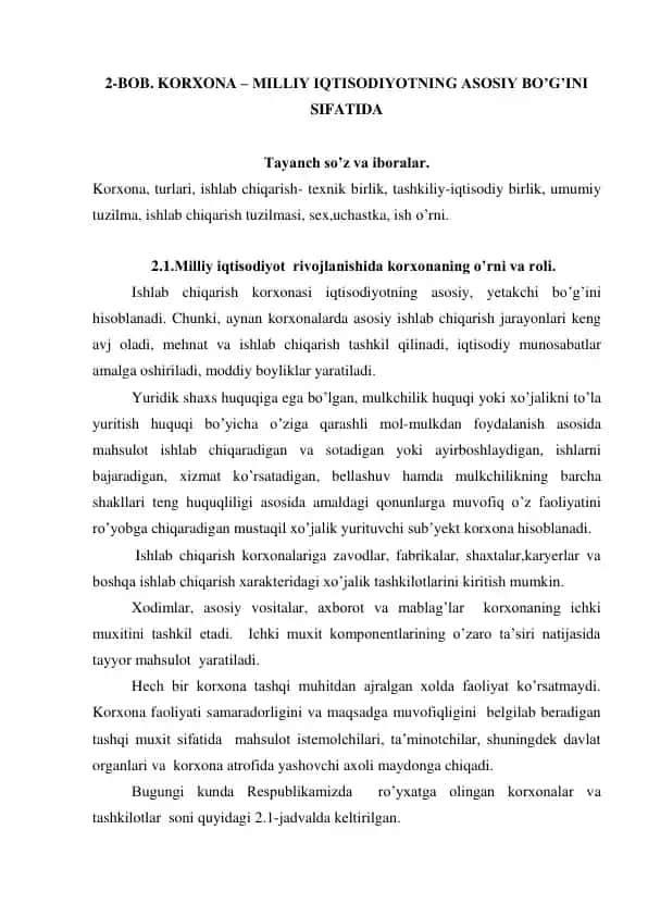 Korxona – Milliy iqtisodiyotning asosiy bo'g'ini