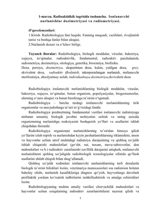 Radiobiologiya fani haqida tushuncha
