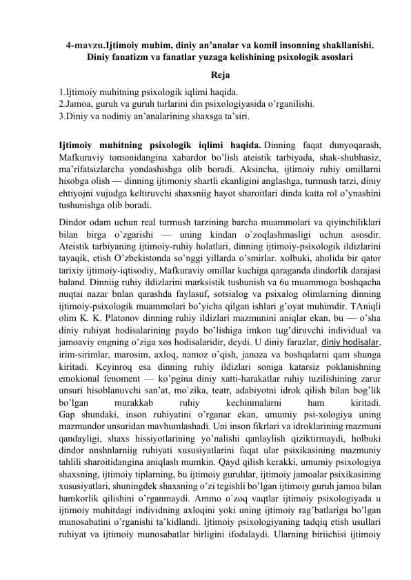 Ijtimoiy muhim, diniy an’analar va komil insonning shakllanishi