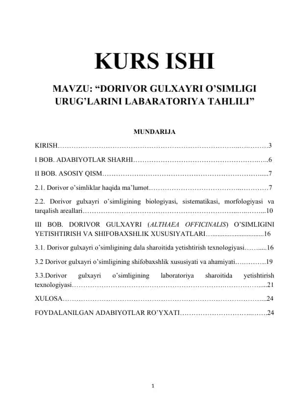 Dorivor Gulxayri O’simliklari Laboratoriya Tahlili Kurs Ishi