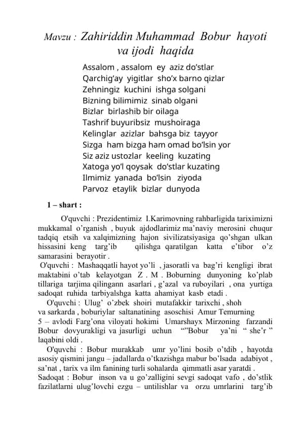 Zahiriddin Muhammad Bobur hayoti va ijodi haqida