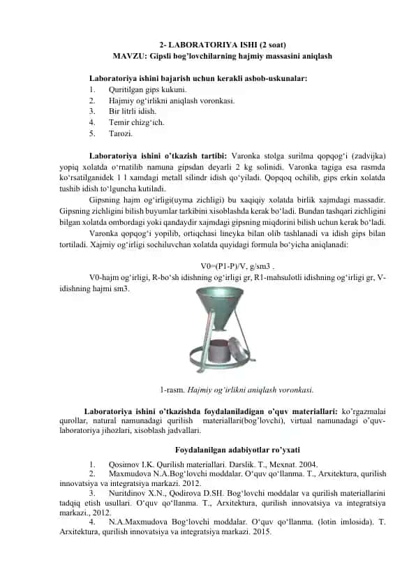 LABORATORIYA ISHI (Gipsli bog’lovchilarning hajmiy massasini aniqlash)