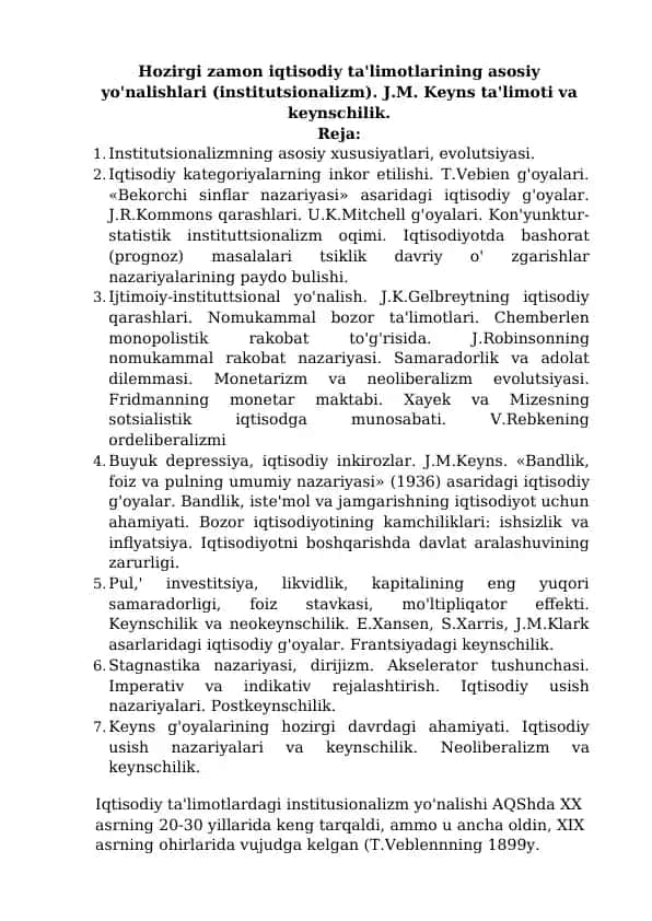 Iqtisodiy ta'limotlarining asosiy yo'nalishlari