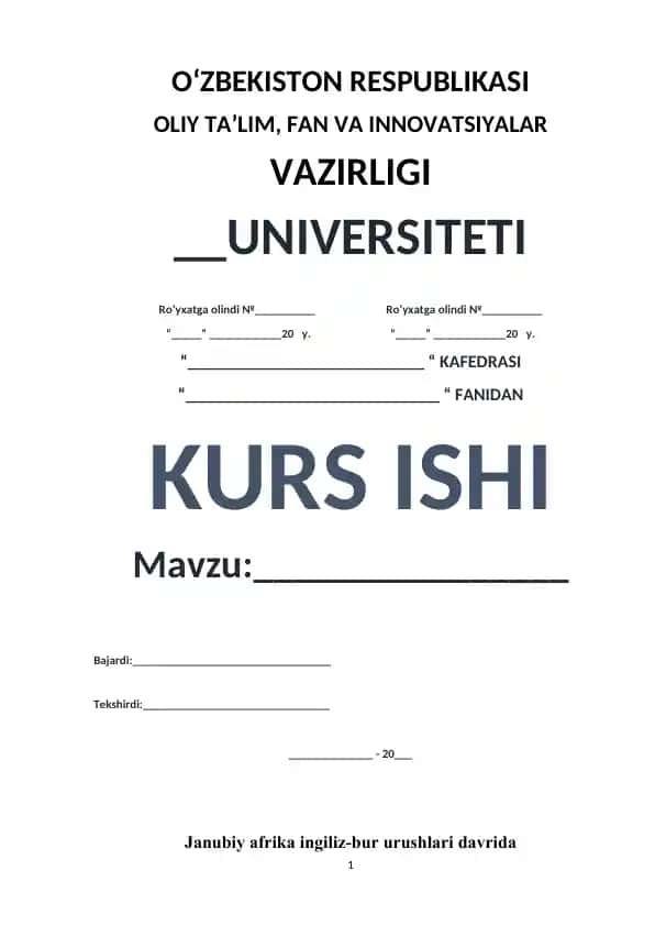 Janubiy Afrika Ingiliz-Bur Urushlari Tarixi Kurs Ishı