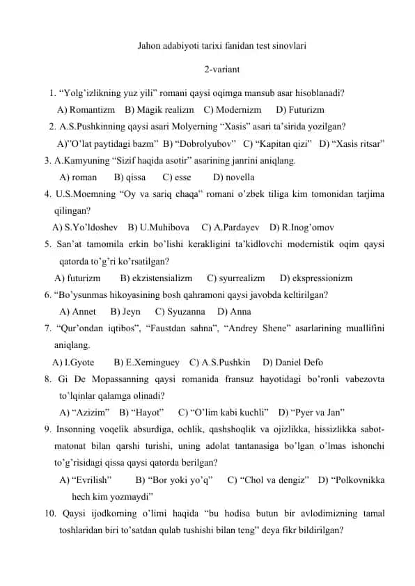 Jahon adabiyoti tarixi fanidan test sinovlari