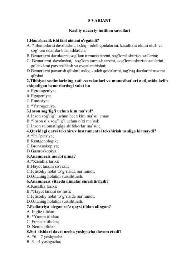 Kasbiy nazariy-imtihon savollari