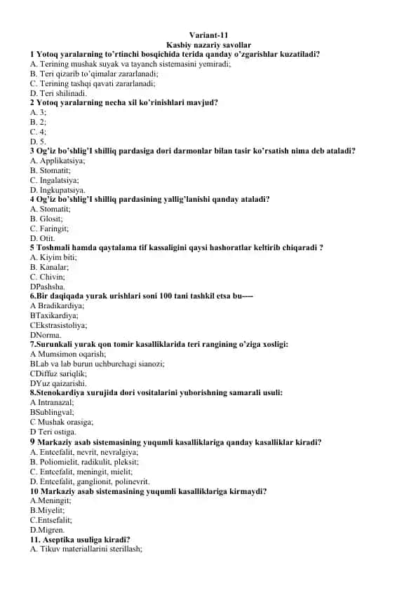 Yotoq yaralarning kasbiy nazariy savollar