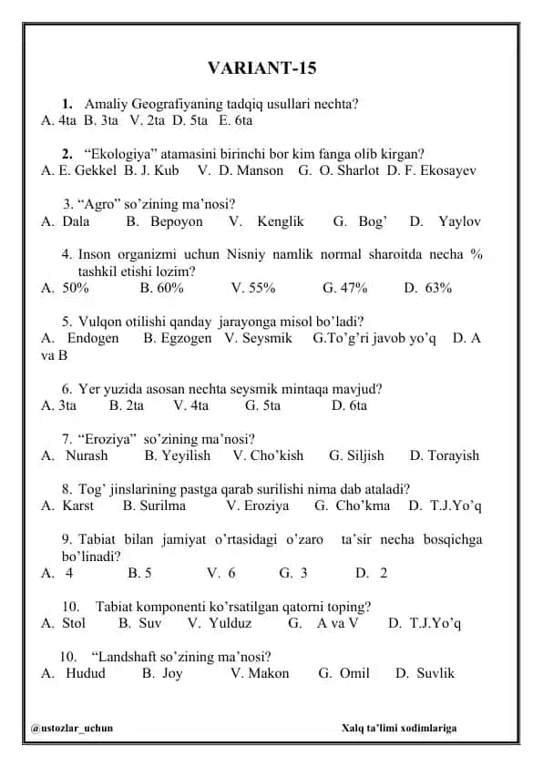 Amaliy Geografiya Test Savollari