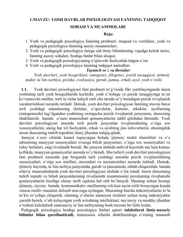 Yosh Davrlari Psixologiyasi fanining Tadqiqot sohasi va muammolari