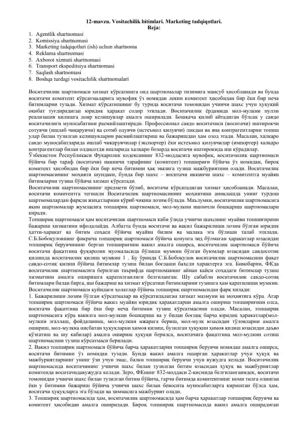 Vositachilik bitimlari. Marketing tadqiqotlari.