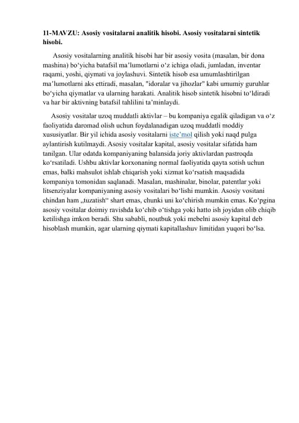 Аsosiy vositalarni analitik hisobi. Аsosiy vositalarni sintetik hisobi