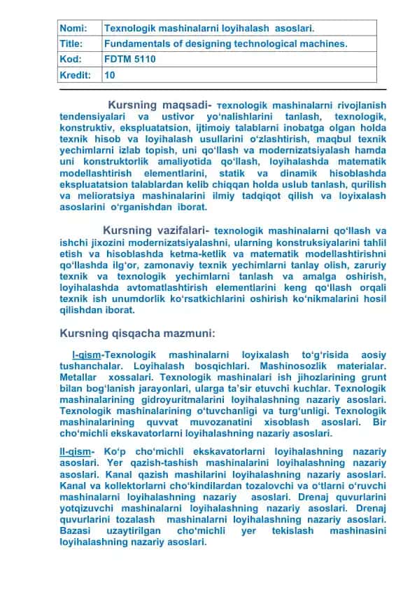 Texnologik mashinalarni loyihalash asoslari