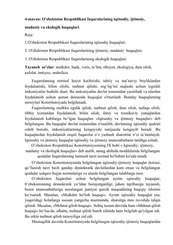 O'zbekiston Respublikasi fuqarolarining iqtisodiy, ijtimoiy, madaniy va ekologik huquqlari