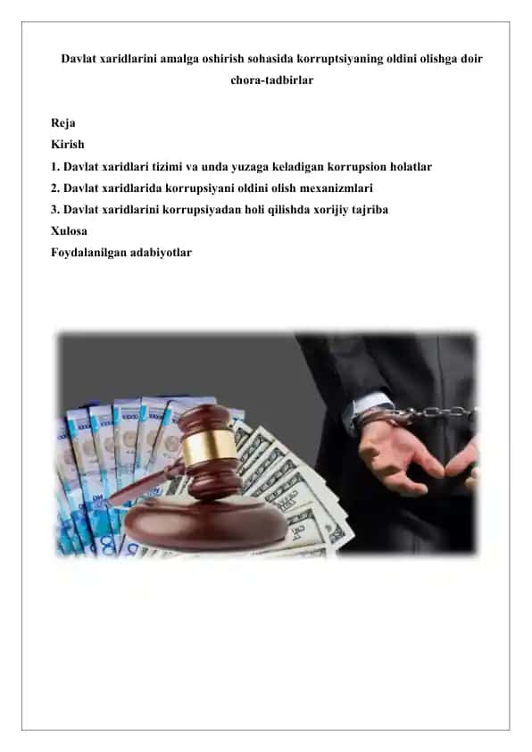 Davlat xaridlari korrupsiyani oldini olishga doir chora-tadbirlar