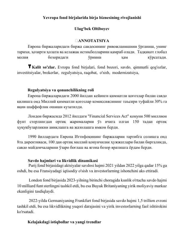 Yevropa fond birjalarida birja biznesining rivojlanishi