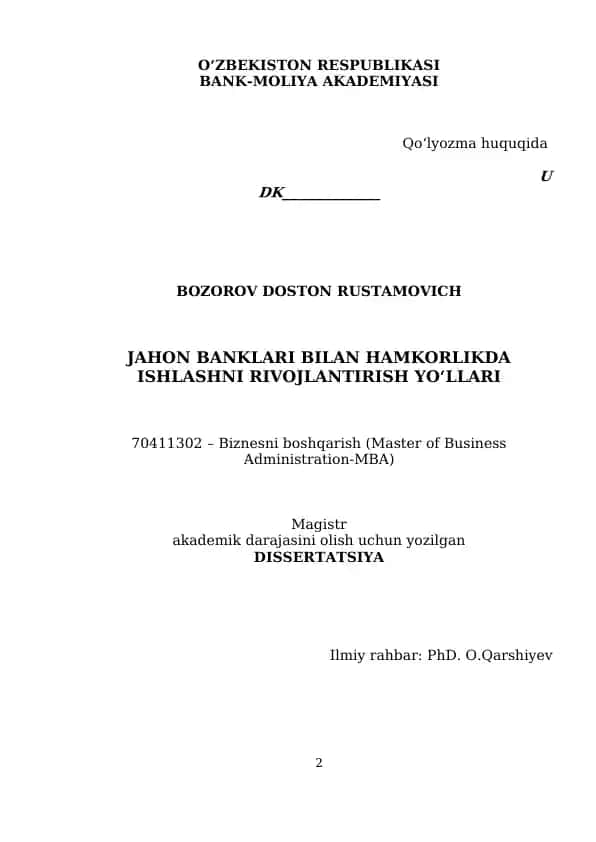 JAHON BANKLARI BILAN HAMKORLIKDA ISHLASHNI RIVOJLANTIRISH YO‘LLARI