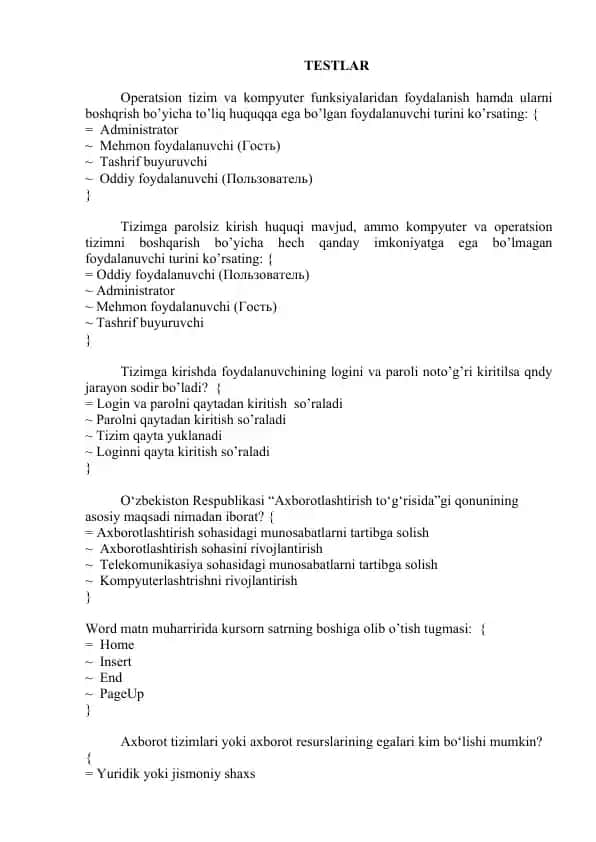 Operatsion tizimlar va kompyuter funksiyalari haqida testlar