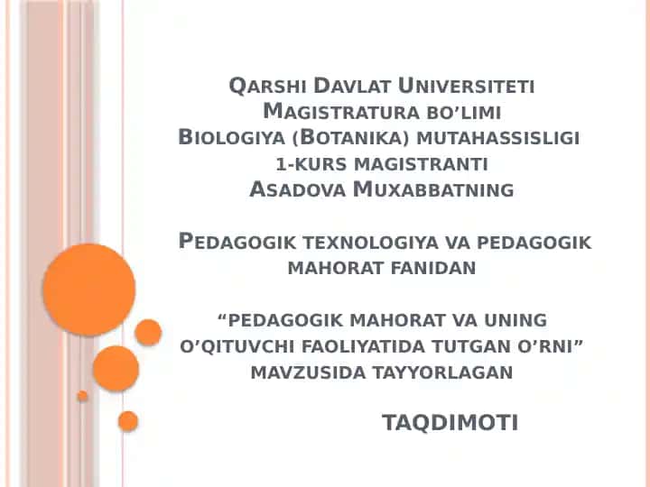 Pedagogiktexnologiyavapedagogikmahoratfanidan“pedagogikmahoratvauningo’qituvchifaoliyatidatutgano’rni”