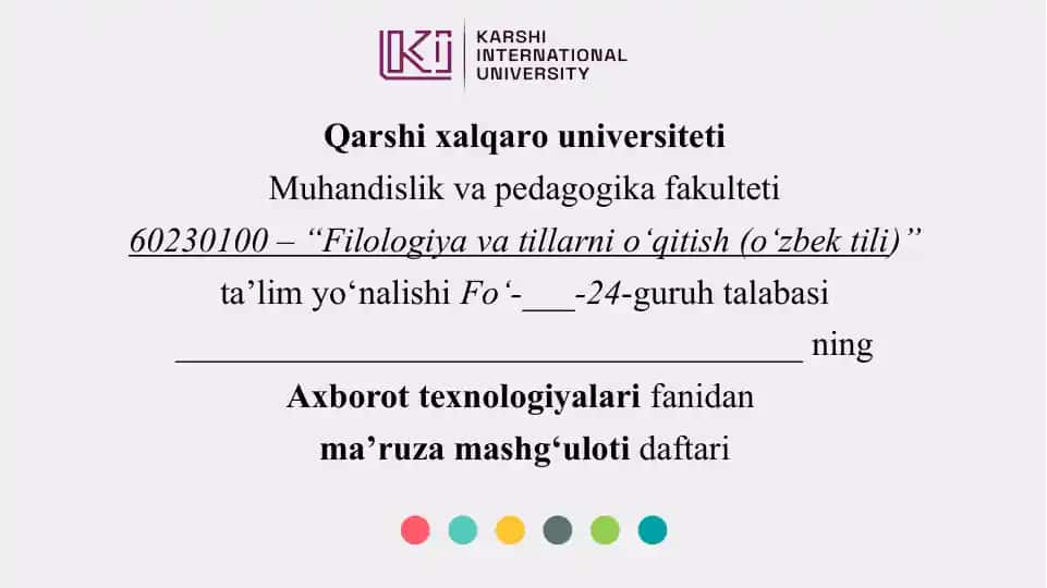 Axborot texnologiyalari fanidan ma’ruza mashg‘uloti daftari (“Elektron darslik”)