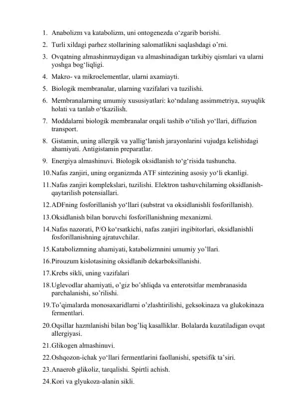 Biologiya fanlari bo'yicha malumotlar
