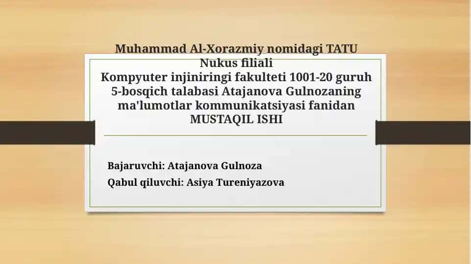 Ma'lumotlar kommunikatsiyasi fanidan MUSTAQIL ISHI