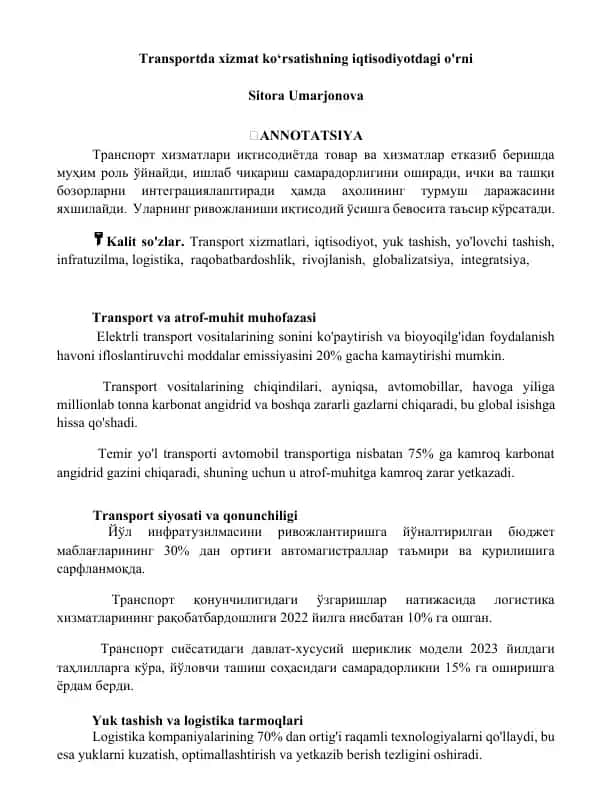 Transportda xizmat ko‘rsatishning iqtisodiyotdagi o'rni