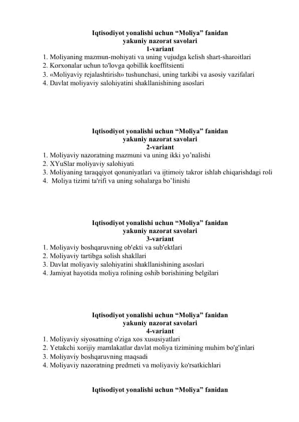 Iqtisodiyot yonalishi uchun “Moliya” fanidanyakuniy nazorat savollari