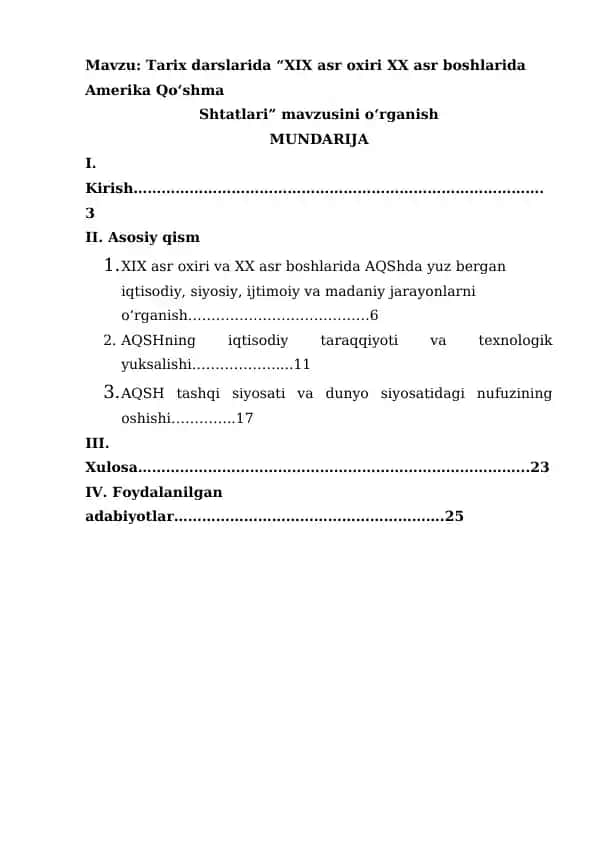 Tarix darslarida “XIX asr oxiri XX asr boshlarida Amerika Qo‘shma Shtatlari” mavzusini o‘rganish