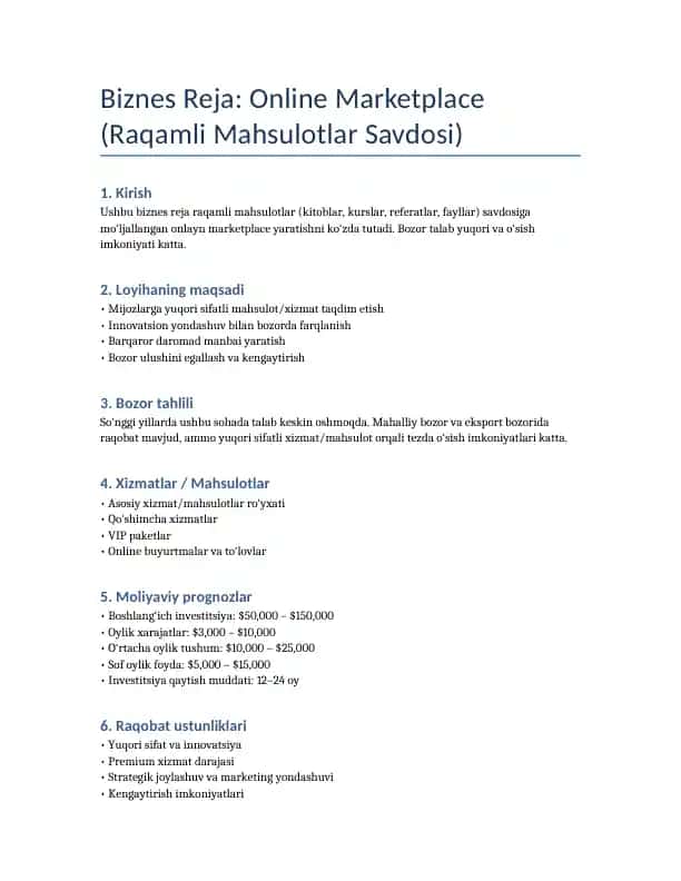 Online Marketplace (Raqamli Mahsulotlar Savdosi)