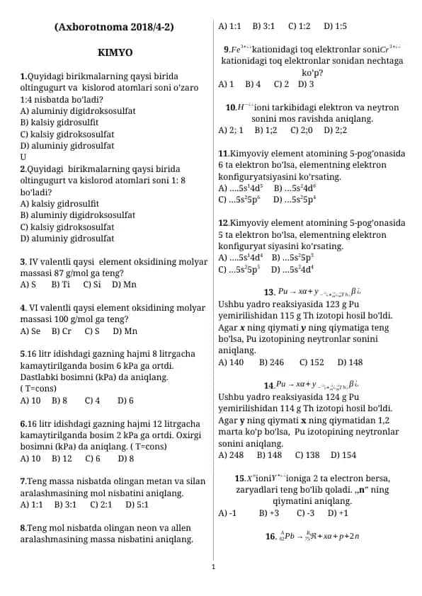 Kimyo test savollari