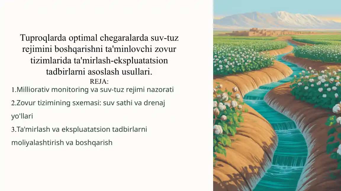 Tuproqlarda optimal chegaralarda suv-tuz rejimini boshqarish