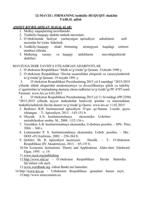 FIRMANING tashkiliy-HUQUQIY shaklini TAHLIL qilish