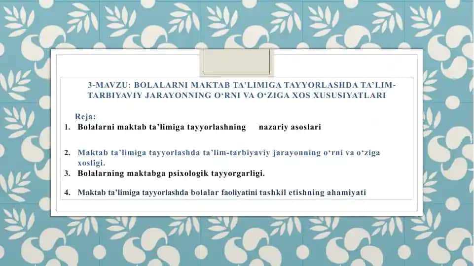 Bolalarni maktab ta’limiga tayyorlashda ta’lim-tarbiyaviy jarayonning o‘rni va o‘ziga xos xususiyatlari