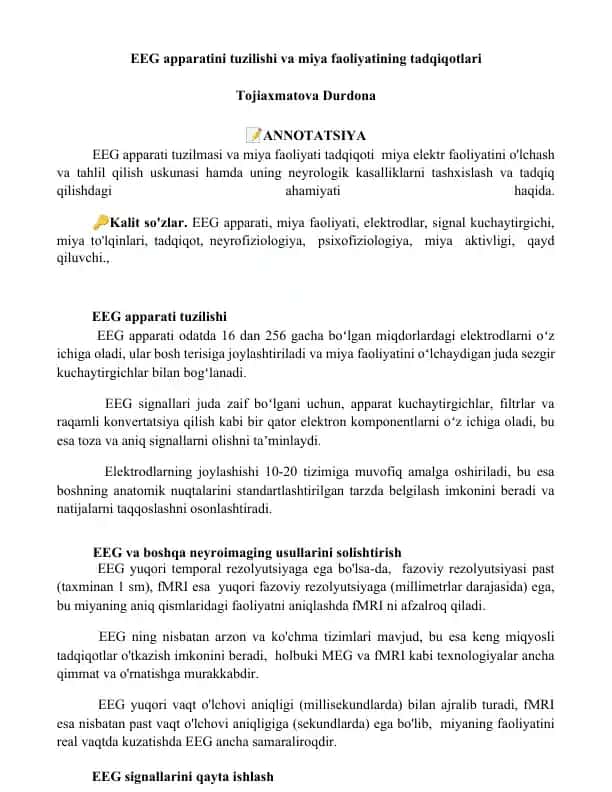 EEG apparatini tuzilishi va miya faoliyatining tadqiqotlari