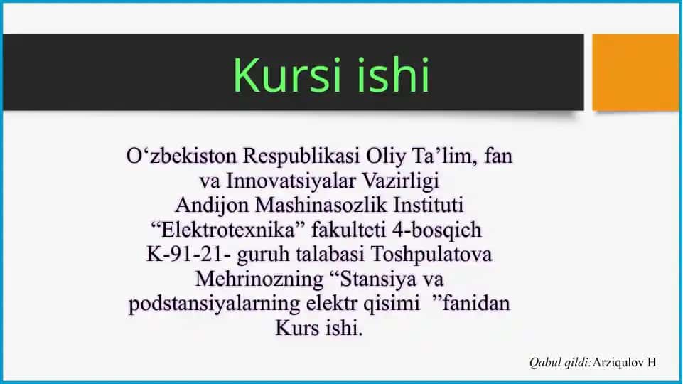 Kurs ishi "Stansiya va podstantsiyalarning elektr qisimi" fanidan