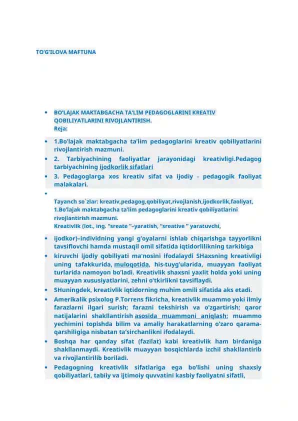 Bo'la Jak Maktabgacha Ta'lim Pedagoglarini Kreativ Qobiliyatlarini Rivojlantirish
