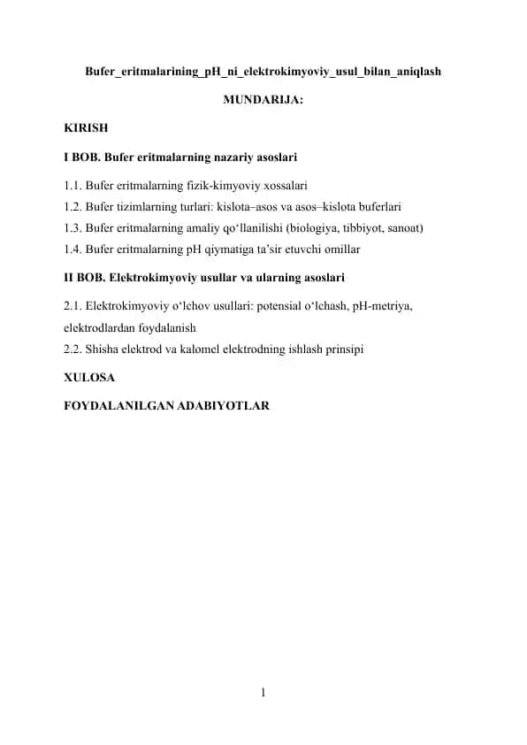 Bufer eritmalarining pH ni elektrokimyoviy usul bilan aniqlash