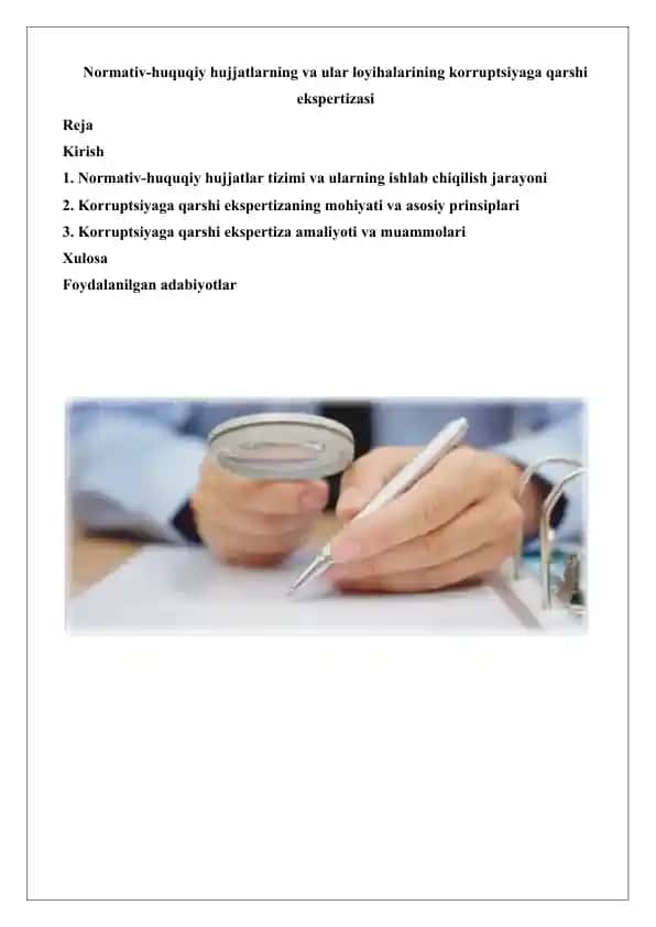 Normativ-huquqiy hujjatlarning va ular loyihalarining korruptsiyaga qarshi ekspertizasi