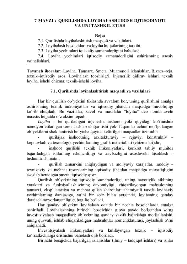 Qurilishda loyihalashtirish iqtisodiyoti