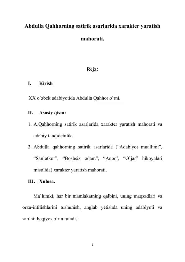 Abdulla Qahhorning satirik asarlarida xarakter yaratish mahorati