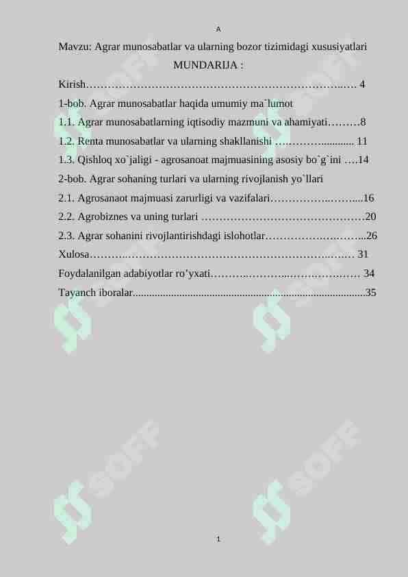 Agrar munosabatlar va ularning bozor tizimidagi xususiyatlari